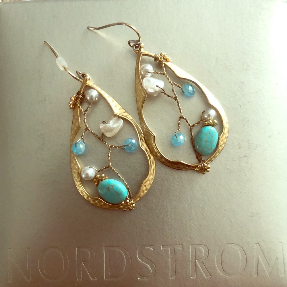 Gold, Turquoise and Pearl Earrings